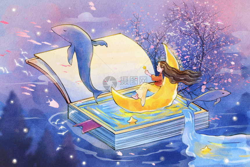 手绘水彩晚安之女孩书本鲸鱼星星月亮治愈系插画图片