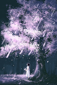 唯美户外夜晚樱花树下的少女插画背景图片