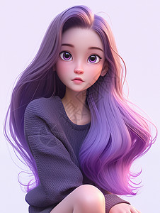 坐在地上紫色长发漂亮的卡通女孩背景图片