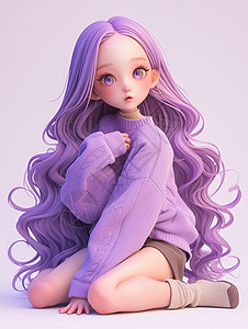跪坐在地上紫色长发漂亮的卡通女孩高清图片