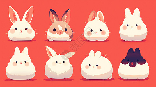 小白兔和小河兔红色背景可爱的卡通小宠物兔插画