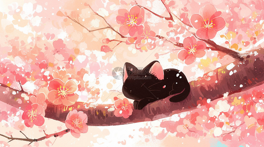 春天趴在桃花枝上可爱的卡通小猫咪图片