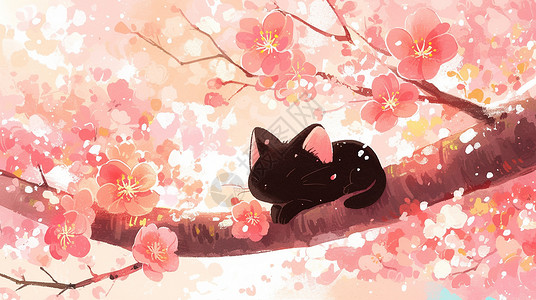 趴在地上黑猫春天趴在桃花枝上可爱的卡通小猫咪插画