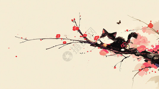 趴在地上黑猫春天趴在桃花枝上可爱的卡通小猫插画