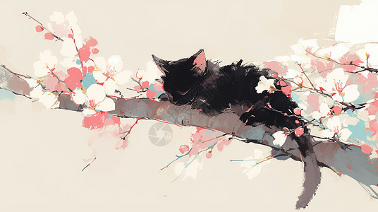 趴在地上黑猫春天趴在桃花枝上可爱的卡通小黑猫插画