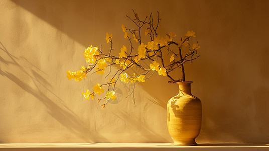 花朵墙暖色简约的卡通花瓶中插着几枝花朵午后暖暖的阳光洒在墙上插画