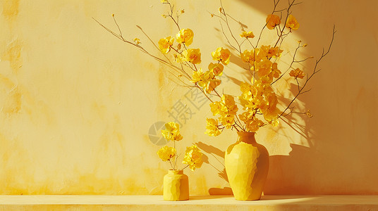 花朵墙暖色简约的卡通花瓶中插着几枝花朵插画