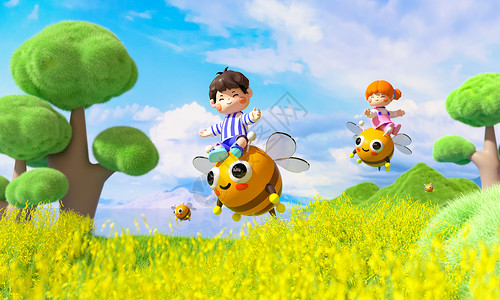 在飞翔的女孩c4d立体男孩女孩骑蜜蜂飞翔在油菜花丛中3d插画插画