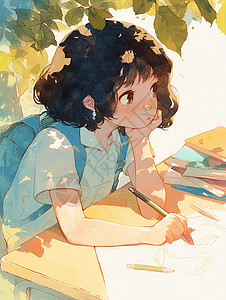 书桌旁发呆的短发卡通小女孩背景图片