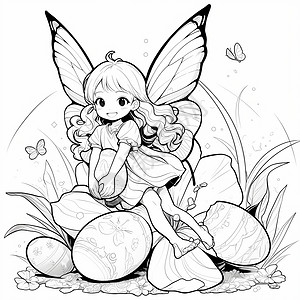 有蝴蝶翅膀的可爱卡通小女孩黑白线稿插画背景图片