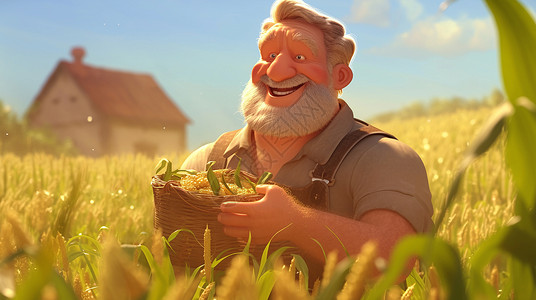 怀抱玉米开心笑的卡通农民背景图片
