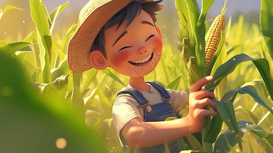 玉米地里开心笑的卡通农民背景图片