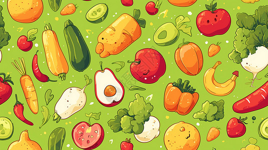 卡通白菜绿色背景上排列着各种可爱的卡通蔬菜插画