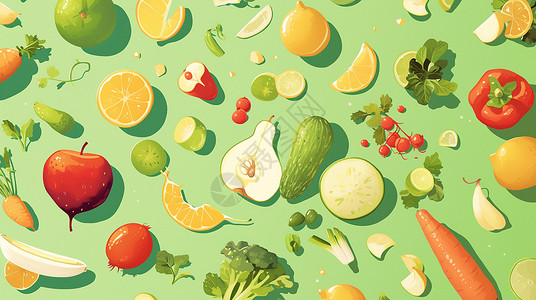 绿色背景上排列着各种可爱的卡通蔬菜背景图片
