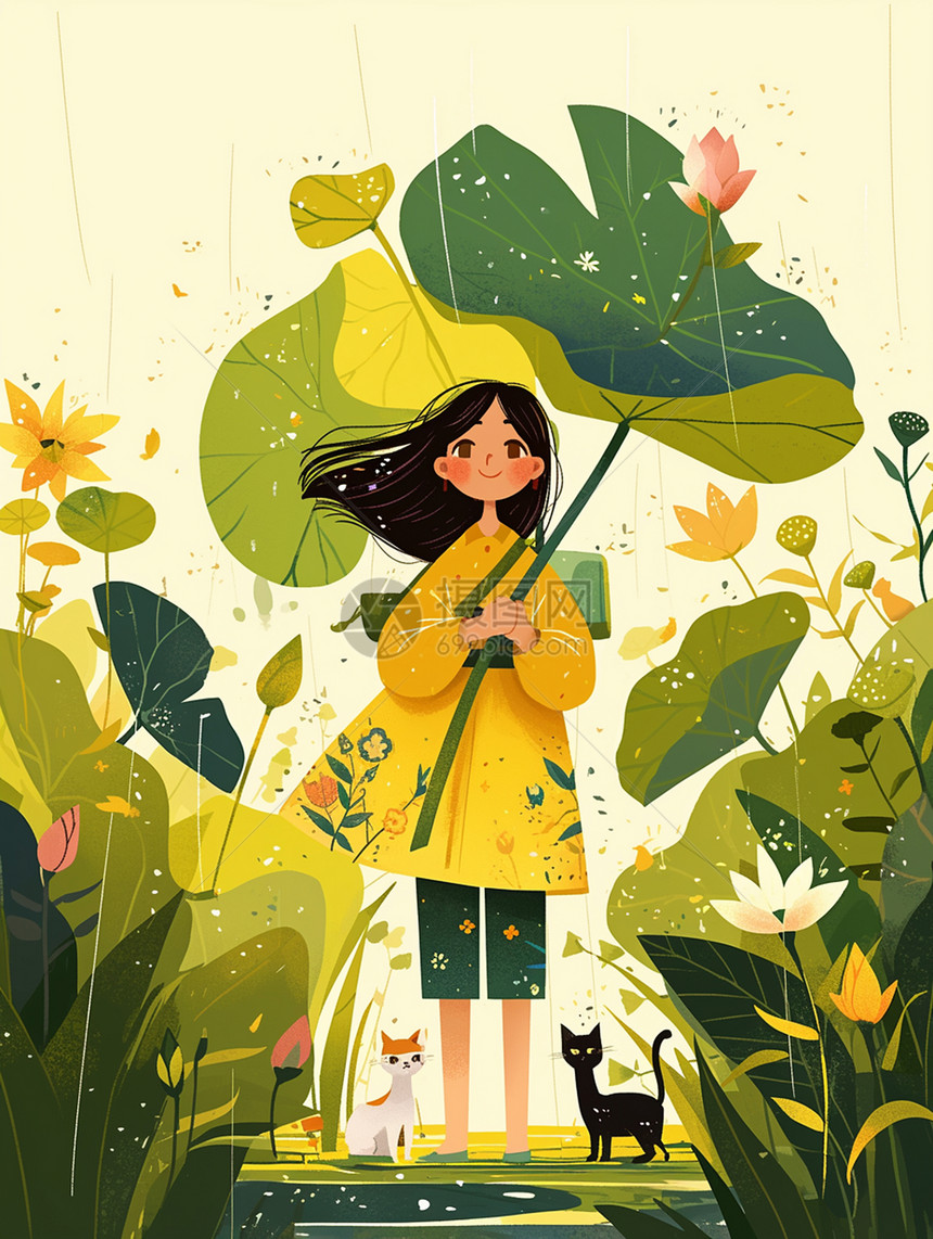 拿着荷叶走在雨中与宠物猫一起欣赏风景的卡通女孩图片