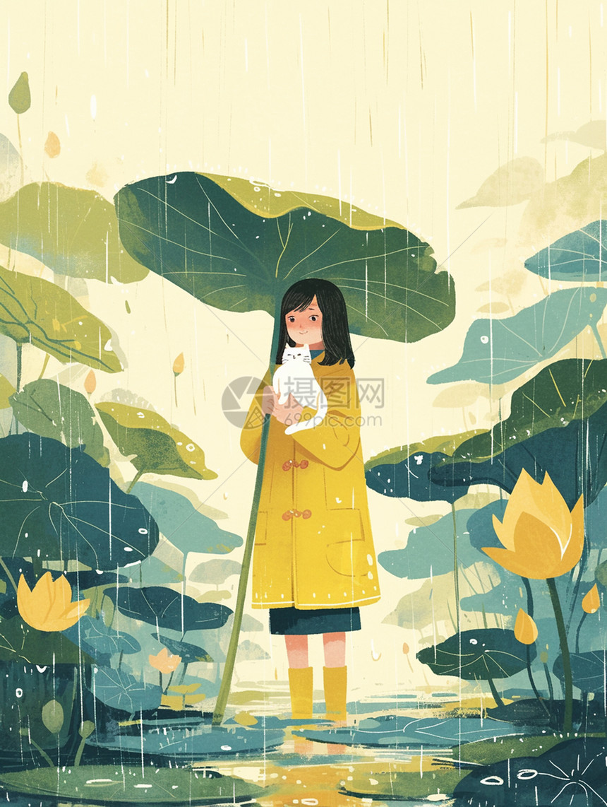 走在雨中与宠物猫一起欣赏风景的卡通女孩图片