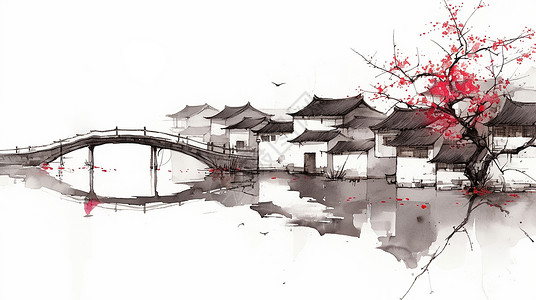 江南水乡水墨风卡通古建筑山水画背景图片