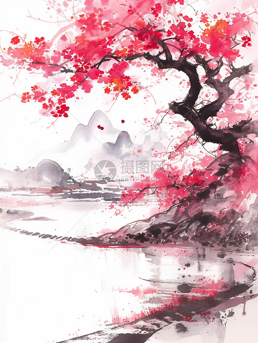 春天水墨风一棵盛开的粉色花朵的卡通桃花古树图片