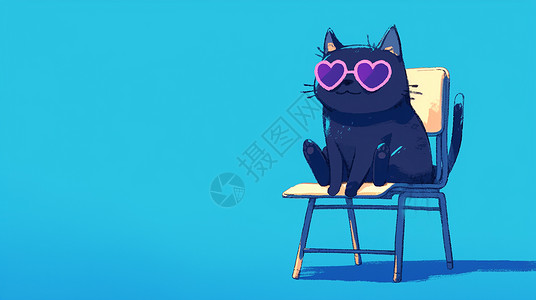 坐在椅子上的悠闲的坐在椅子上可爱的卡通小黑猫插画