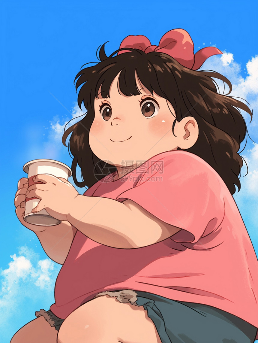 穿着T恤手拿奶茶戴着粉色的蝴蝶的卡通胖女孩图片