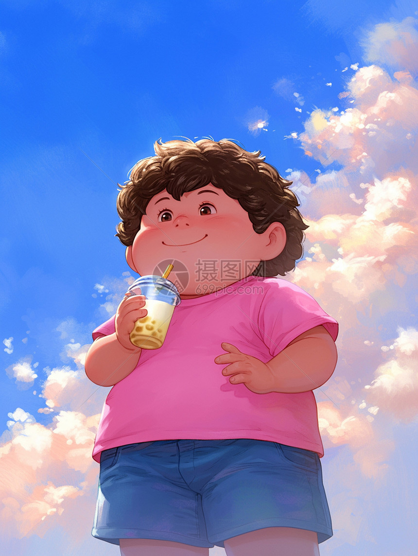 白云下喝奶茶的卡通胖男孩图片