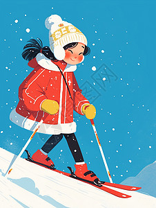 冬天穿着滑雪服装在滑雪的卡通女孩背景图片