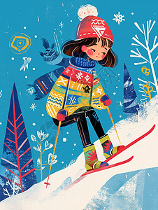 穿着滑雪服装在滑雪的女孩背景图片