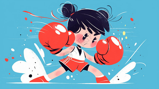 扎两个丸子头戴着拳套做自由搏击运动的卡通小女孩高清图片