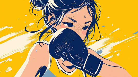 娜扎扎两个丸子头戴着拳套做自由搏击运动的小女孩插画