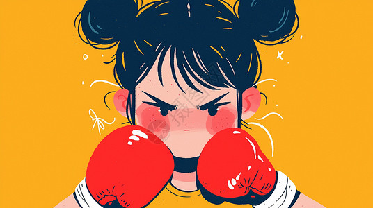红色拳套两个丸子头戴着拳套做自由搏击运动的卡通小女孩插画