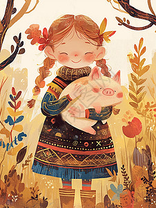 小猪抽奖券怀抱着小猪宠物可爱的女孩插画