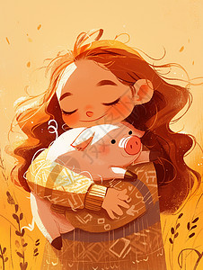 怀里的小猪宠物可爱的小女孩插画