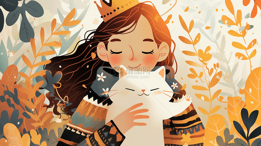 头戴着皇冠抱着宠物小白猫漂亮的小公主图片