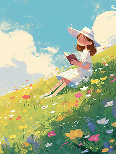 花丛中享受休闲时光的女孩背景图片