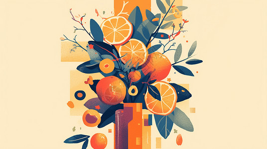 扁平风暖色调唯美的卡通橘子树背景图片