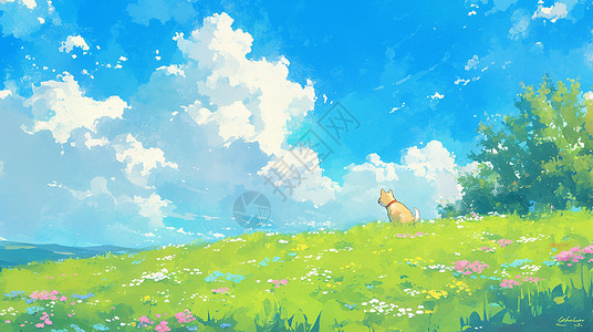 波西米亚风在蓝天白云下绿油油的草地上玩耍的卡通小狗插画