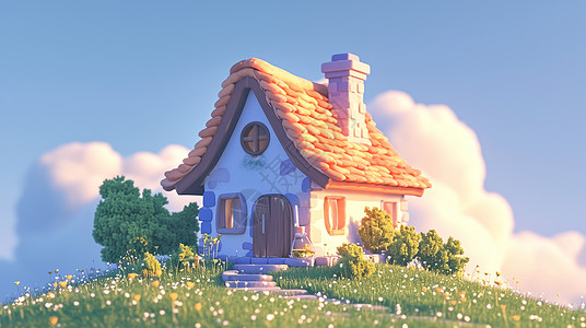 春天山坡上一座可爱的小房子背景图片
