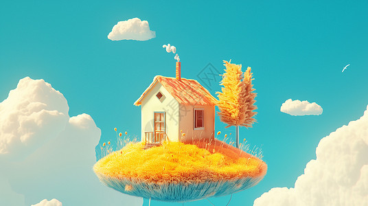 爱琴海白房子悬浮在蓝天白云中的一个可爱卡通小房子插画