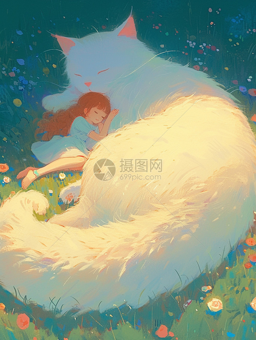 夜晚与巨型的大白猫躺在草坪上睡觉的卡通小女孩图片