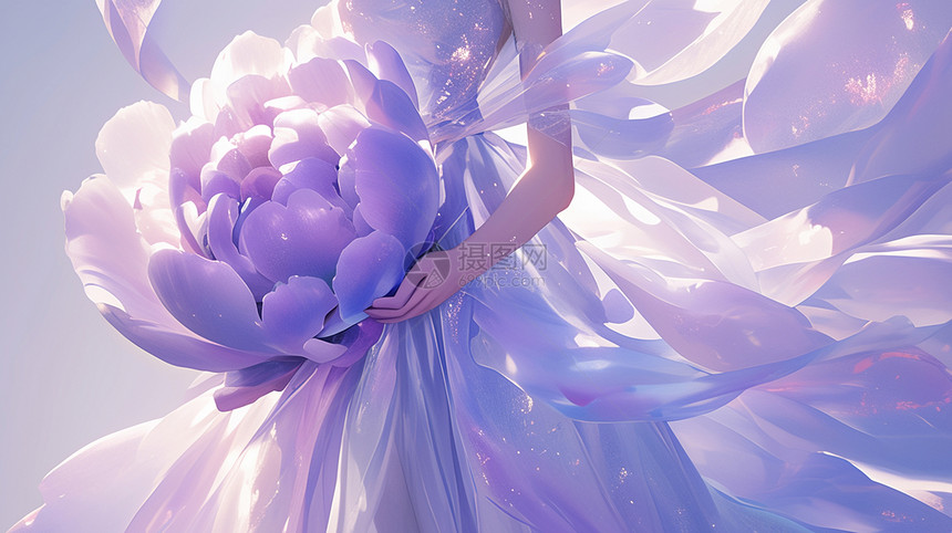 怀抱着牡丹花穿着公主裙仙气飘飘的卡通女人图片