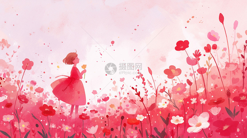 手拿花朵站在粉色花丛中可爱的卡通女孩图片
