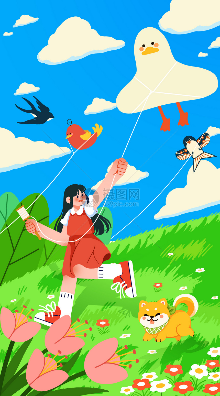 春分扁平风女孩放风筝插画之开屏启动页图片