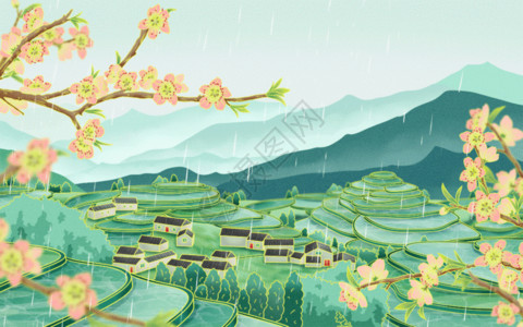 静谧的村庄二十四节气谷雨梯田绿色国潮手绘插画桃花村庄GIF高清图片