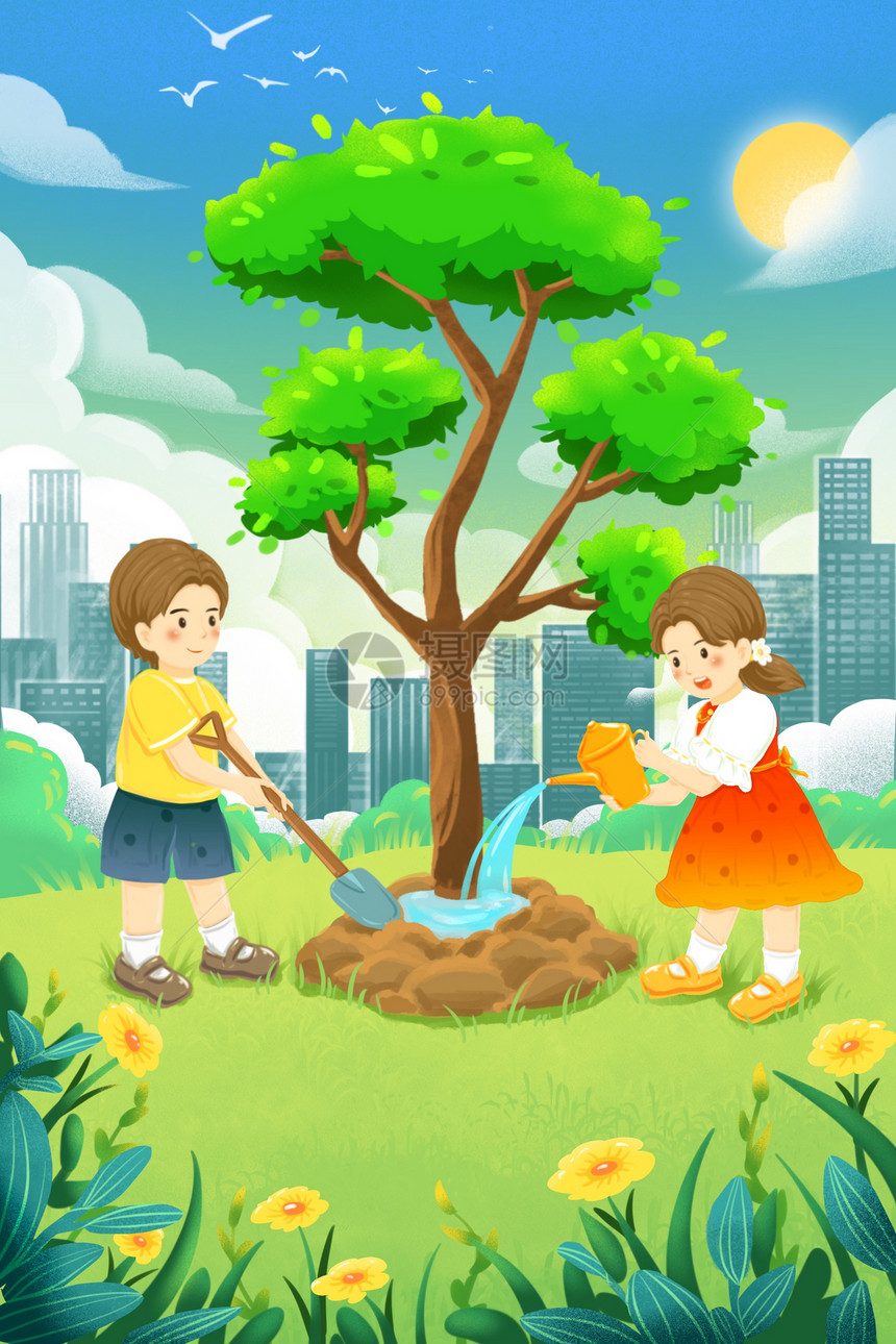 手绘卡通植树节女孩男孩植树浇水城市场景插画图片
