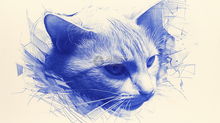 素描风蓝色调卡通猫图片
