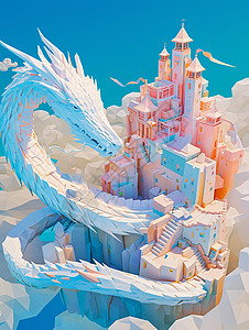巨型剪纸风卡通巨龙围绕着高高的城堡背景图片