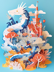 飞舞的巨型剪纸风卡通巨龙围绕着城堡背景图片