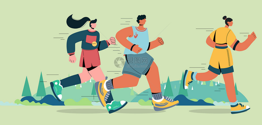 健康跑步运动健身扁平风横版插画图片