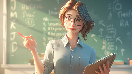 老师在上课戴着黑框眼镜手拿着本站在黑板前的卡通老师插画