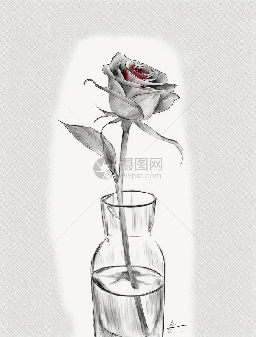 手绘素描风一枝玫瑰花图片